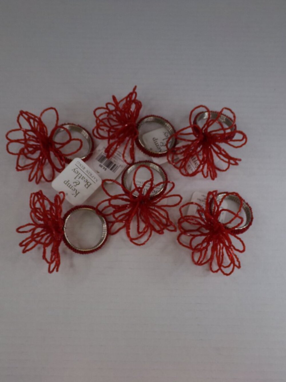 6 New Beaded Glass Christmas Red Napkin Rings Holders Starburst Flower Adjustabl